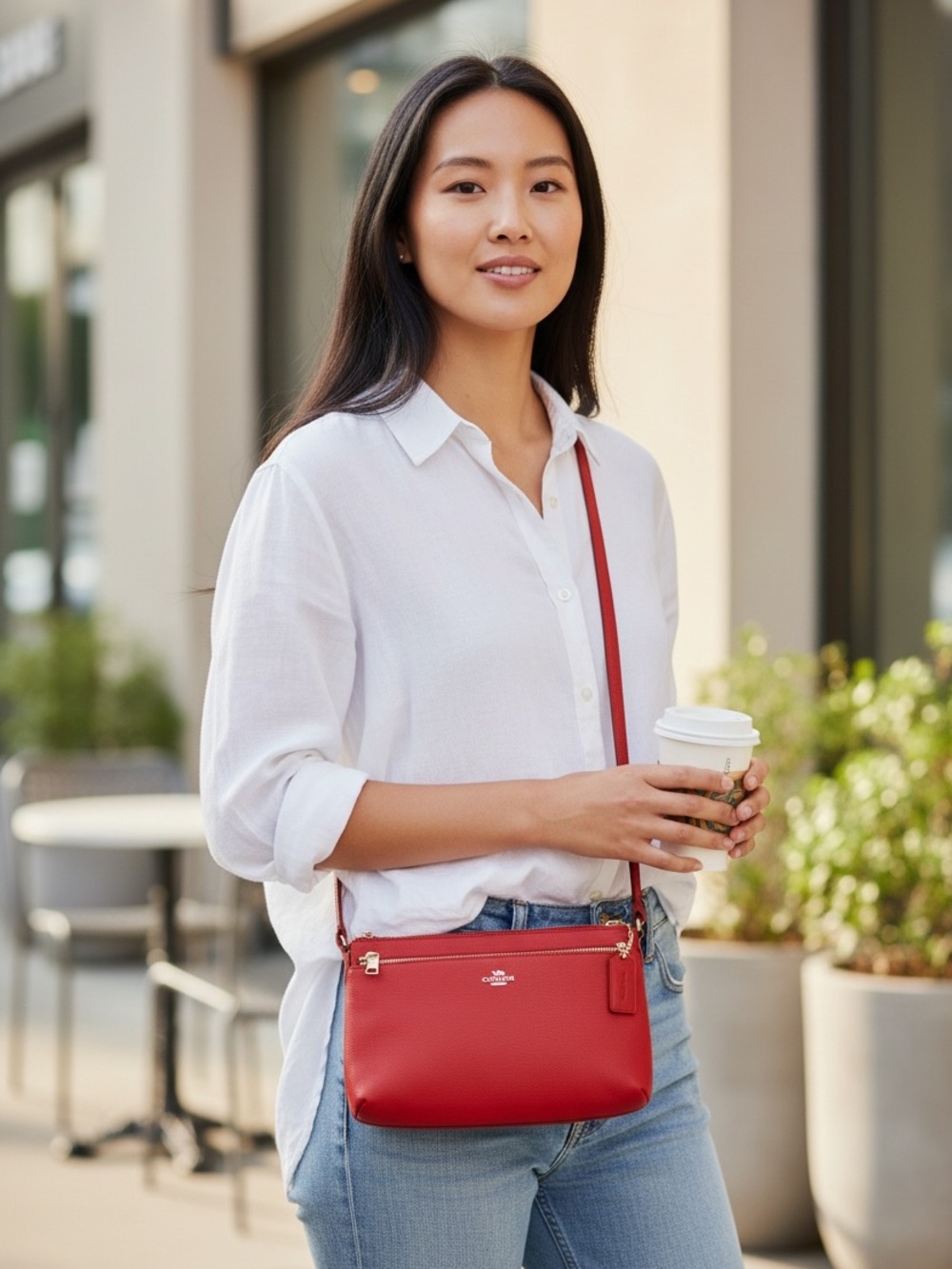 COACH Red Pebbled Leather Zip Top Shoulder Bag